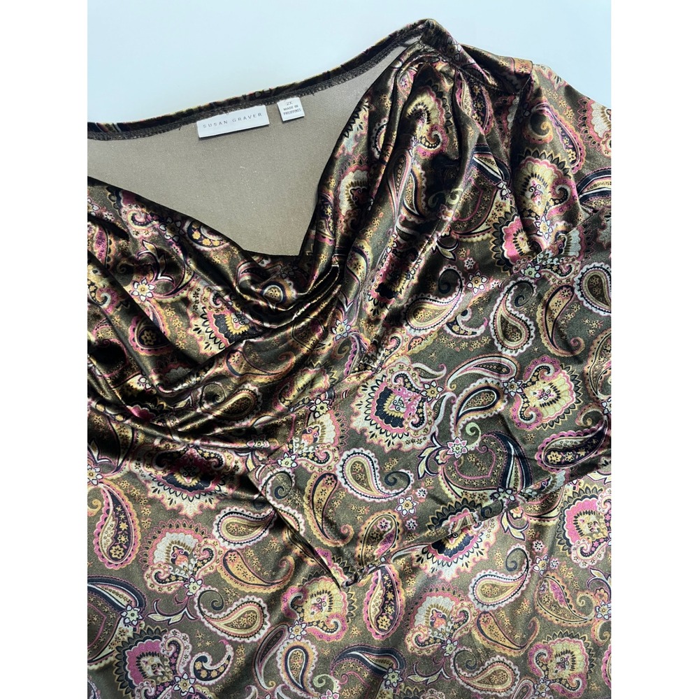 Susan Graver Velvet Paisley Cowl Neck Blouse‎ Top 2X Forest Boho Liquid Knit